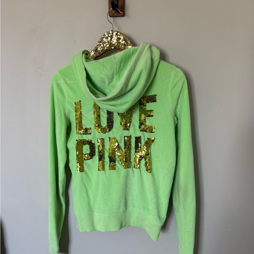 PINK Victoria's Secret Lime Green Sequin Hoodie MEDIUM